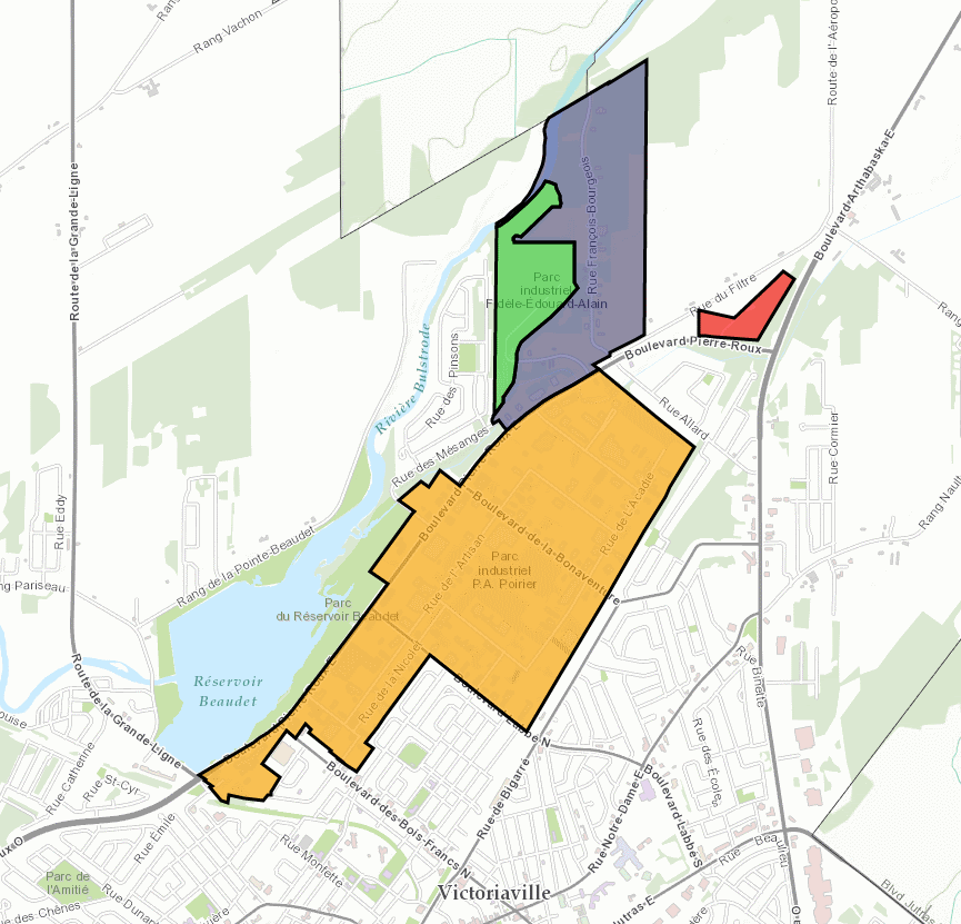 Carte des parcs industriels de Victoriaville et sa région